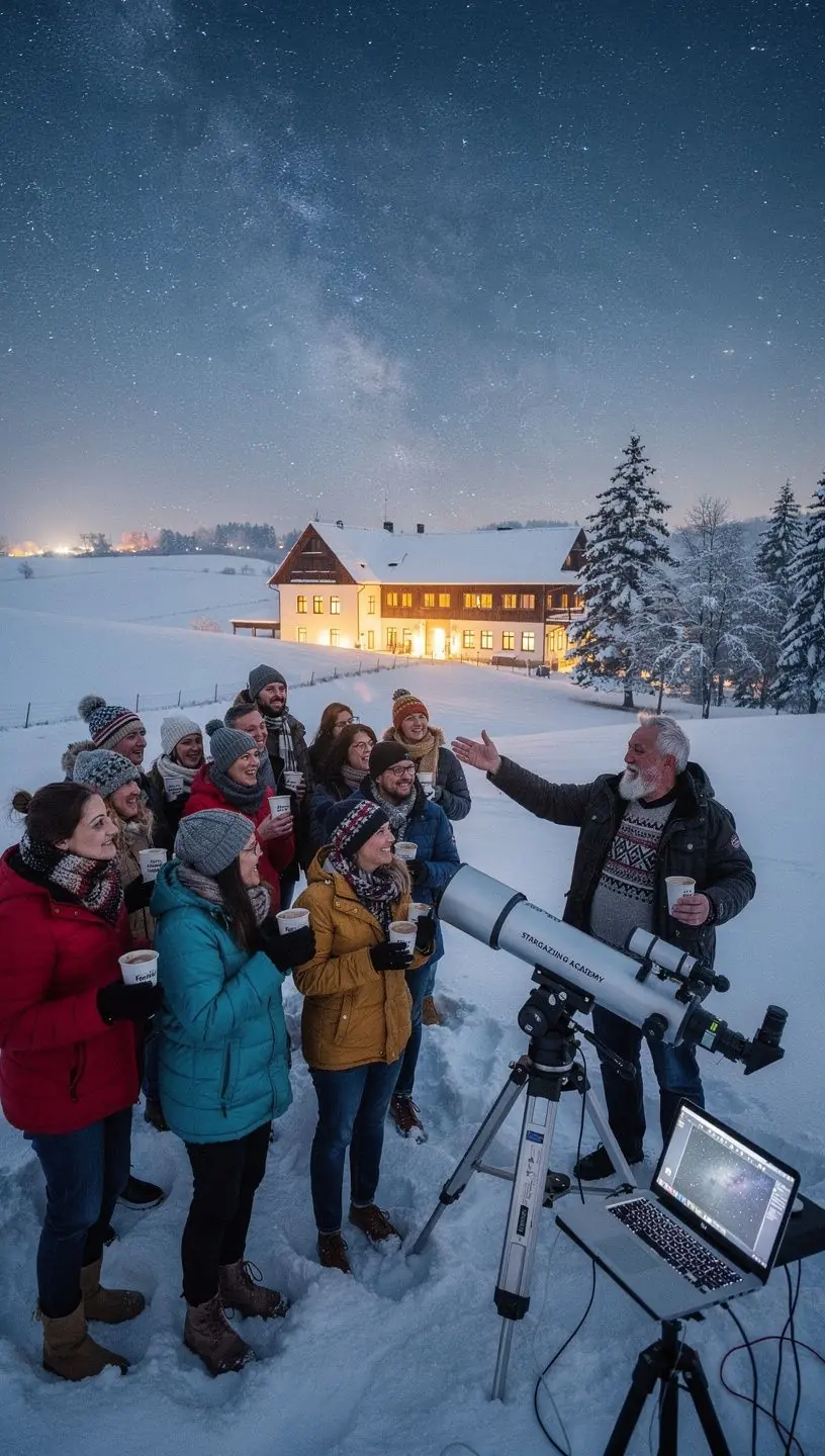 Egy csoport diák néz fel az égre egy csillagvizsgálóban, távcsövekkel a kezükben.