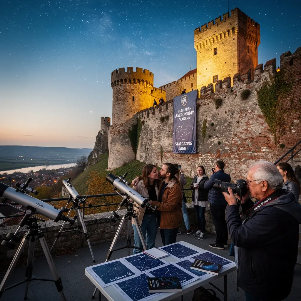Az éjszakai égbolt üstökösökkel és bolygókkal, színes fényekkel.