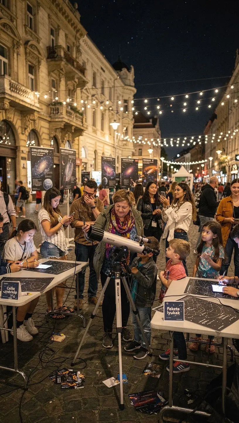Csillagászati műszerek, például távcsövek és asztrolábiumok egy asztalon.