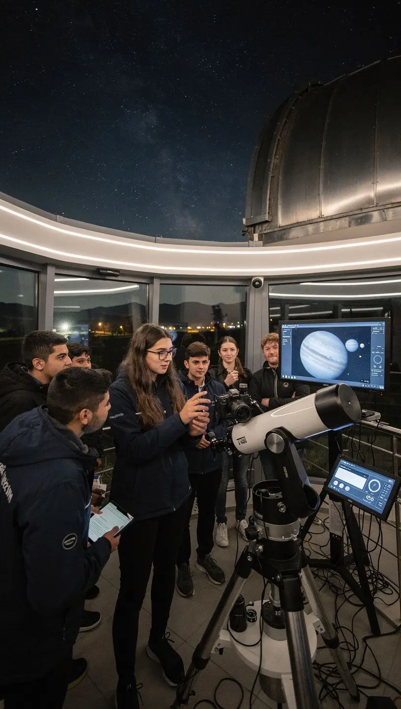 Az éjszakai égbolt üstökösökkel és bolygókkal, színes fényekkel.