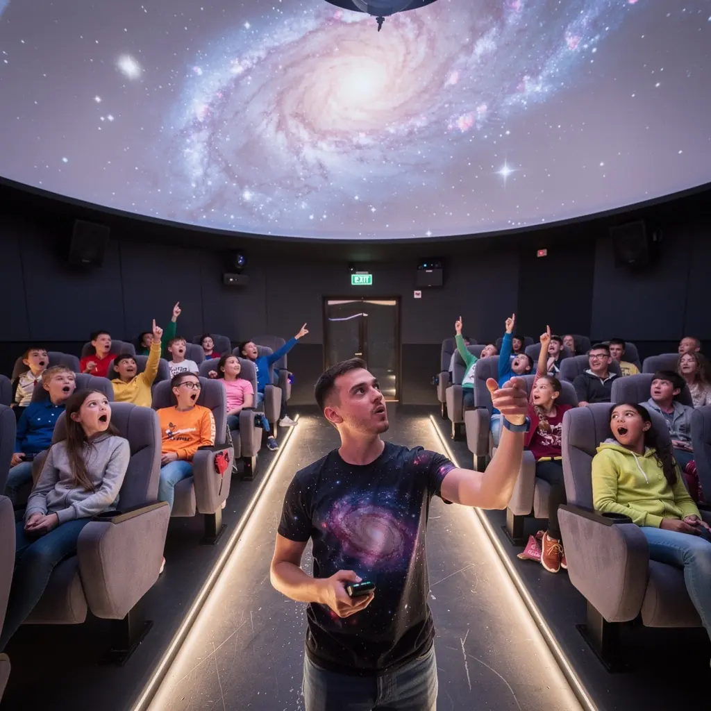 Az éjszakai égbolt üstökösökkel és bolygókkal, színes fényekkel.