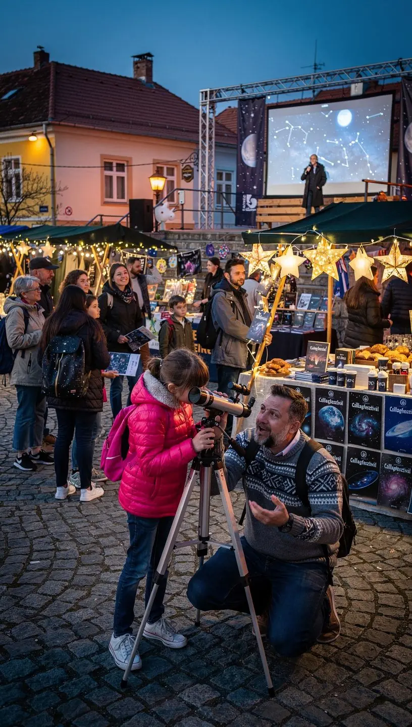 Az éjszakai égbolt üstökösökkel és bolygókkal, színes fényekkel.