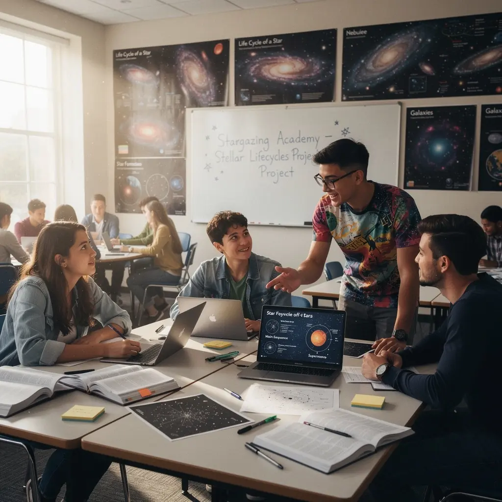 Az éjszakai égbolt üstökösökkel és bolygókkal, színes fényekkel.